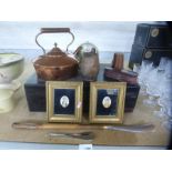 Collectable lot to include a pair of Indian  hand painted miniatures, copper kettle, writing box etc