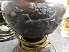 Pair of Oriental cast possibly Chinese table lamps with allover embossed bird decoration