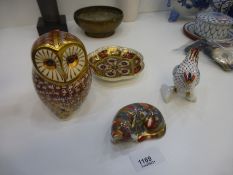 2 Royal Crown Derby paperweights of an Owl and Catnips Kitten together with a small circular Royal C