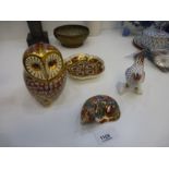 2 Royal Crown Derby paperweights of an Owl and Catnips Kitten together with a small circular Royal C