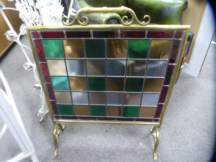 Ornate brass fireguard inset with stained glass panels of various colours - Image 3 of 3