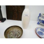 Oriental brass bowl and a white glazed bottle vase