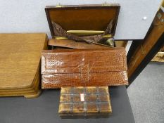 Vintage crocodile skin jewellery case, handbag and small metal bound wooden box