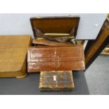 Vintage crocodile skin jewellery case, handbag and small metal bound wooden box