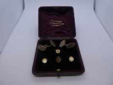 Leather cased gents gold plated cufflinks and dress studs, W. Rodwell, 84 High Street, Leicester