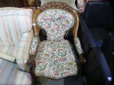 Antique oak carved armchair with tapestry seat and buttoned back