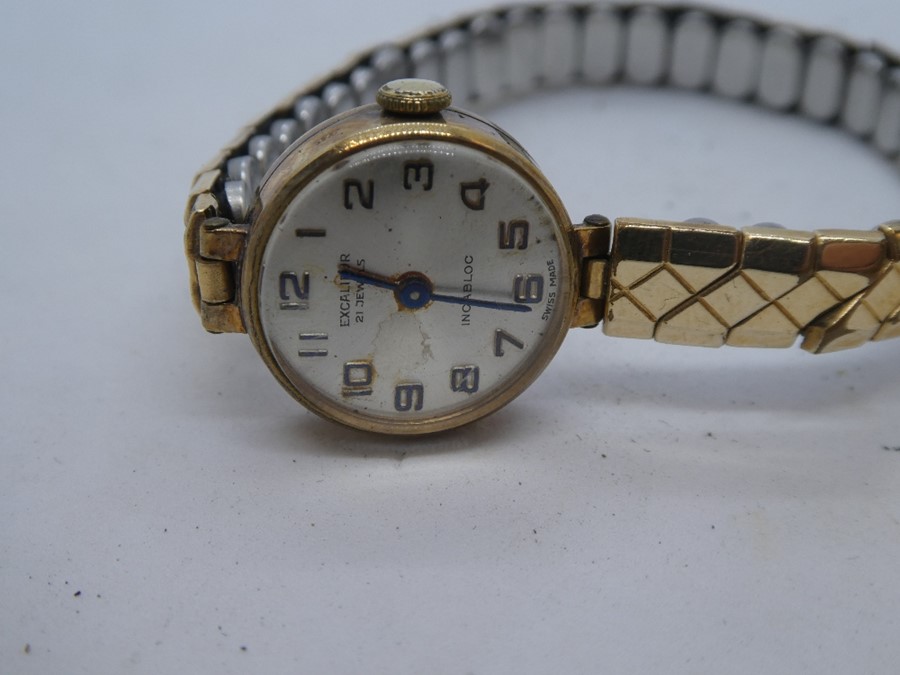 Vintage 9ct yellow gold  ladies 'Excalibur' 21 Jewel ladies wristwatch on rolled gold adjustable str - Image 6 of 7