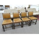 Set of 4 carved oak chairs with tan leather studded seat and backs
