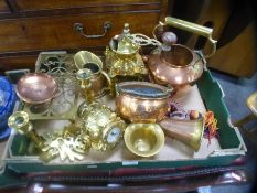 Box of brass and copperware incl. Divers helmet clock, footman, candlesticks, horn etc