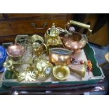 Box of brass and copperware incl. Divers helmet clock, footman, candlesticks, horn etc