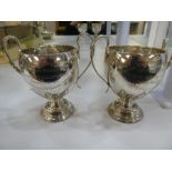 Two matching silver trophy cups with engraving, ornate design pedastal foot, hallmarked, Sheffield 1