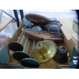 Collectables to incl. Oriental pewter circular double handled bowl, 3 Verdigris effect candle sticks