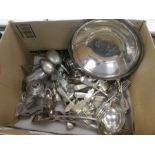 Box of silver plated items incl. bowl, cutlery, napkin rings etc