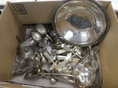 Box of silver plated items incl. bowl, cutlery, napkin rings etc