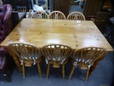 Victorian style waxed pine farmhouse table with set of 6 wheelback chairs