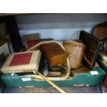 Box of collectables incl. Binoculars, vintage Watermans pen boxes, brass items etc