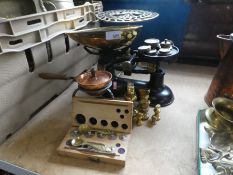 Vintage scales, complete with weights, miniature copper burner on stand etc