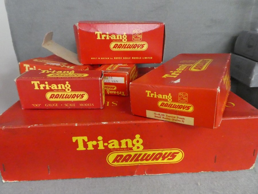 Triang boxed Mail Coach set and boxed loco, box of track and 4 boxes of rolling stock