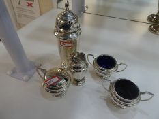 A quantity of silver items comprising of sugar sifter, salts and a salt shaker. Various hallmarks, t