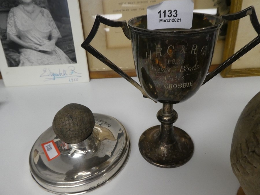 Vintage golf ball on hallmarked silver base, vintage baseball and S/P trophy - Image 2 of 3