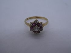 9ct yellow gold ladies ruby and diamond cluster ring, size O, marked 375, 2g