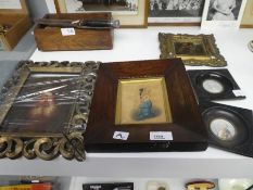 Selection of paintings including miniatures, pencil and coloured of a lady in original rosewood fram