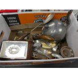 Hallmarked silver lidded cigarette box and a quantity of silver plated items