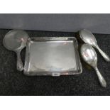 A silver lot comprising of a heavy silver tray with decorative border and engraved 'Marie 29th Nov 1