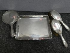 A silver lot comprising of a heavy silver tray with decorative border and engraved 'Marie 29th Nov 1