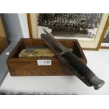 Vintage private fighting knife in leather sheath and collectables