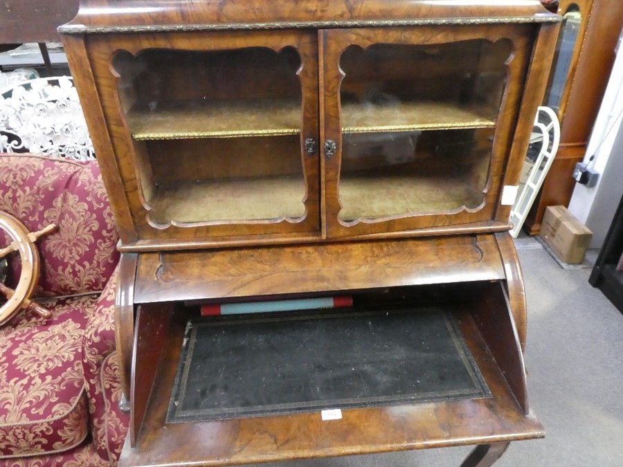 19th Century figured walnut cylinder bureau bookcase with ormolu mounts