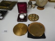 2 silver ladies pocket watches and 3 compacts