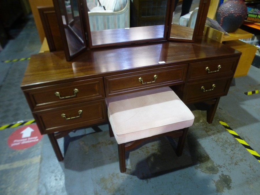 Mid Century dressing table with trifold mirror and stool by G-Plan and matching headboard - Image 4 of 4