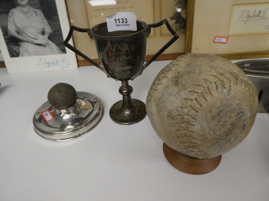 Vintage golf ball on hallmarked silver base, vintage baseball and S/P trophy - Image 3 of 3