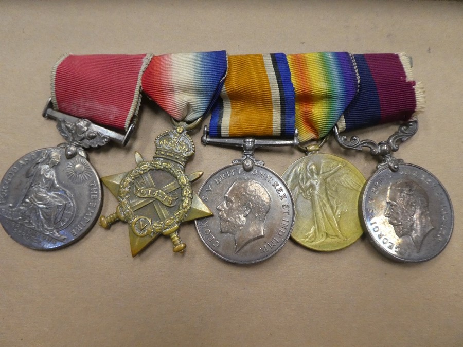 Group of WW1 medals presented to Arthur Edward Hipkin, to include George V long service medal inscri