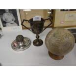 Vintage golf ball on hallmarked silver base, vintage baseball and S/P trophy