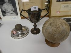 Vintage golf ball on hallmarked silver base, vintage baseball and S/P trophy