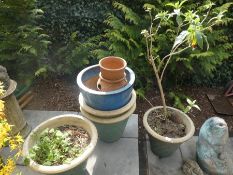 A selection of glazed green and blue garden planters and a fish fountain