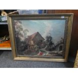 A large gilt framed picture depicting a water mill