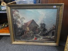 A large gilt framed picture depicting a water mill