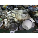 Box of mixed chinaware to incl. Wedgwood, Portmeirion shell dishes, silver plated lidded pots etc