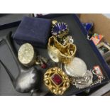 A box of silver plates items, costume jewellery, trinket boxes, etc