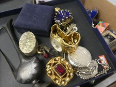 A box of silver plates items, costume jewellery, trinket boxes, etc