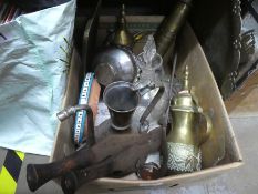 A box of mixed metal ware to include Oriental tea pots, decanters, decorative knives etc and a stain