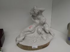 White painted plaster model group of a faun feeding reclining female nude grapes with 'Faune A La Gr