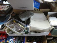 2 Boxes of collectables to incl. penknives, leather cased tape measure, black and white photographs