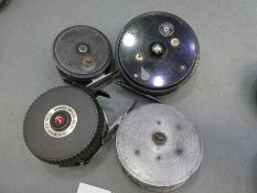 Of fishing interest; a Marvel allcocks fishing reel, a Glacia Mitchell 710 reel and two others