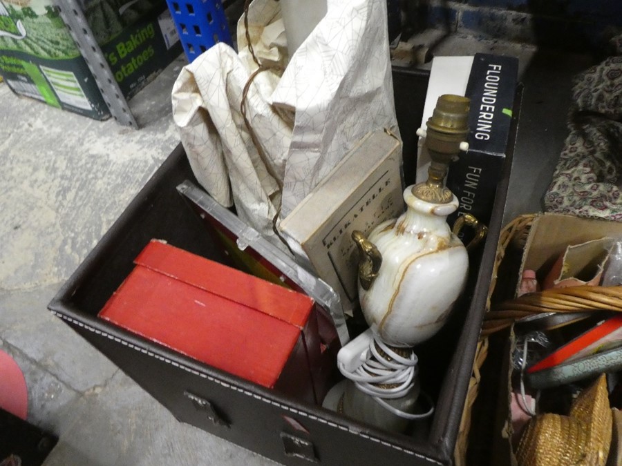 Sundry items to incl. sewing machine, floorstanding ashtray, vintage fabrics, wicker ware, tins etc - Image 9 of 10