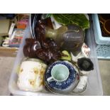 A carton of mixed china to include, Studio pottery, Lilliput cottage, tribal carvings etc.