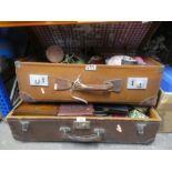 2 Vintage suitcases containing collectables incl. scales, cased cutlery, artists equipment, brass wa
